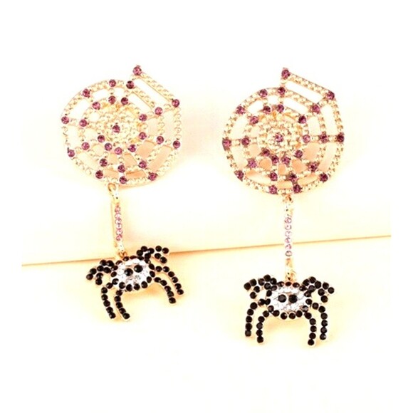 Halloween Earrings, Rhinestone Spider Dangling on Web, Black/Gold/Purple - 2.75" - Picture 4 of 5